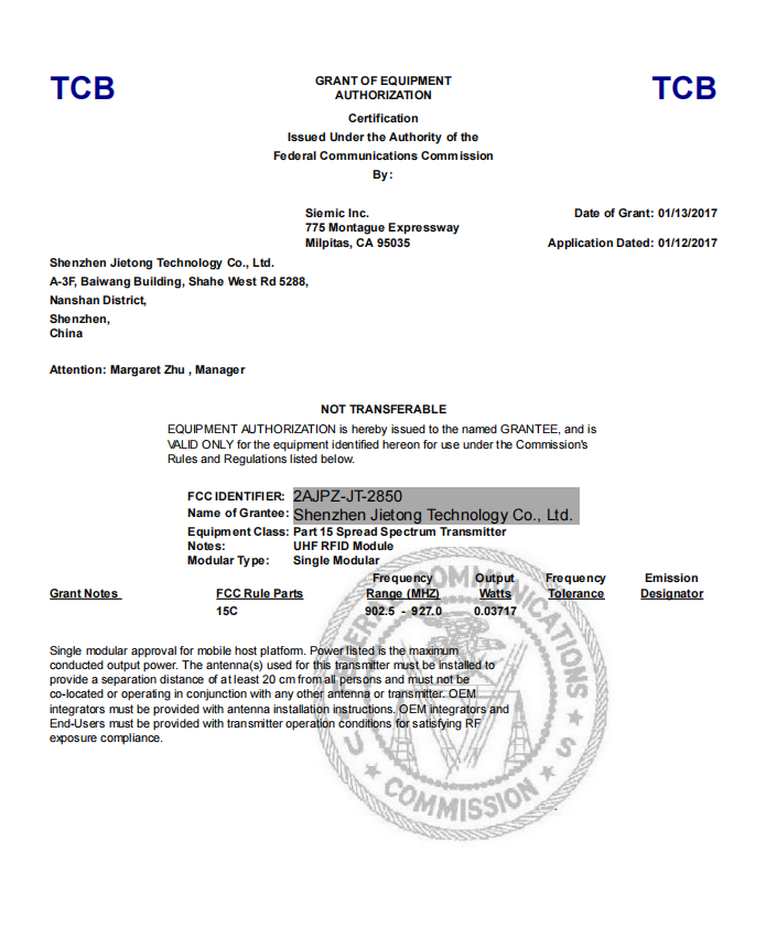 JT-2850 FCC-certificaat